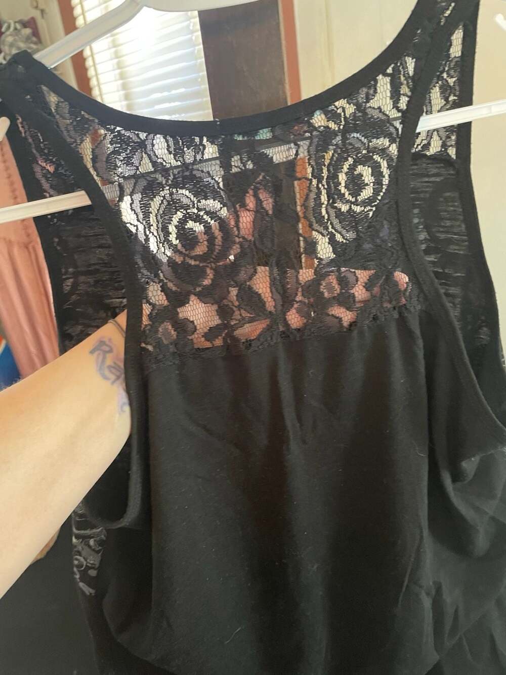 Maurices Black Graphic Cross Beaded Lace-Back Tank Top - Picture 2 of 3